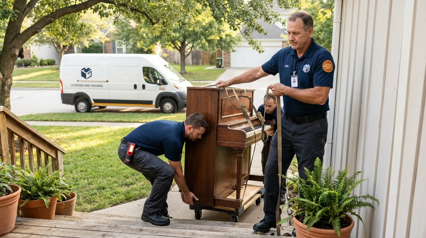 Licensed piano movers securing grand piano in Farmingdale, ME