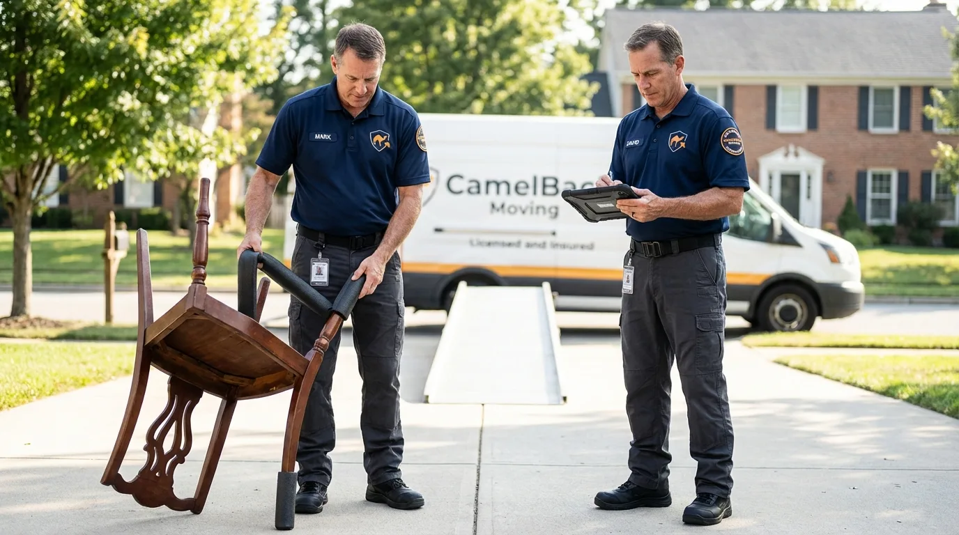 Movers inspecting furniture for damage prevention before loading in Farmingdale, ME