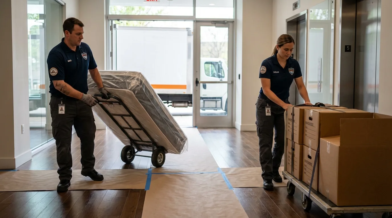Professional apartment movers loading elevator in Farmingdale, ME