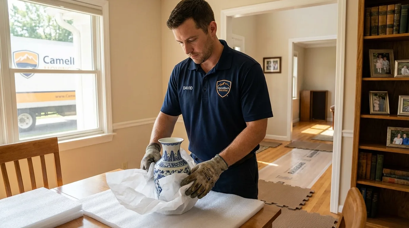 Professional crew carefully wrapping antique vase for senior downsizing move in Farmingdale, ME