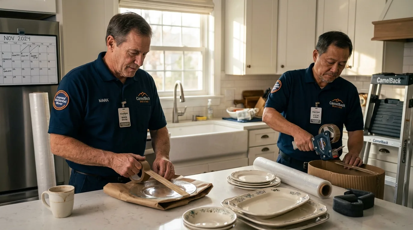 Professional crew packing kitchen dishware in Farmingdale, ME